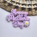 Acrylic Mother's Day Cake Topper with Daisy Purple Detail Product Close-up View Design - Double Layer Purple White - Happy Mother's Day / Width 9cm