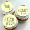 Details of the round gold mirror acrylic Halloween cupcake topper set for party decor. - 2 Gold Round Engraved Acrylic (3 Piece Set) / 3 Pieces / Gold
