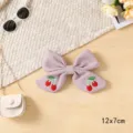 Cotton linen hair bow clip with sweet embroidered cherry design, perfect cute accessory for daily wear. - Cherry Ribbon Knot / Purple