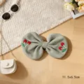Cotton linen embroidered bow hair clip sweet cute cherry hair accessory for women girls - Cherry / Green