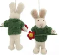 Handmade wool felt rabbit bag pendant, green sweater holding flower, cute hanging doll ornament - Green Sweater Rabbit Holding a Flower