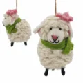 Handmade wool felt sheep hanging ornament with cute green scarf and pink flower decor, 10cm. - Lamb with Green Scarf