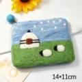 Handmade wool felt coin purse with cute sheep and yurt pattern, blue zipper pouch for cards. - Sheep Under Stars