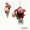 Handmade wool felt pig hanging ornament cute cartoon animal bag pendant keychain 14x4cm - Male Character Holding Flower