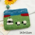 Handmade wool felt coin purse cute sheep pattern zipper pouch with card storage function - Yurt Twin Sheep Grassland