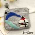 Handmade grey felt coin purse with cute needle felted patterns, zipper closure, 14x12cm. - Grey Landscape Cottage