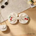 Cotton linen embroidered bow hair clip with cute cherry pattern, stylish hair accessory for women. - Cherry / Off White