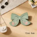 Green cotton linen bow hair clip with cute pink swan embroidery, stylish daily hair accessory. - Swan Ribbon Knot / Green