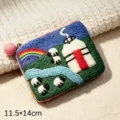 Handmade wool felt coin purse, cute sheep and grassland pattern variant with pink pom-pom zip. - Yurt Sheep