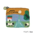 Handmade wool felt coin purse featuring cute sunset landscape and sheep design, compact size. - River Sheep