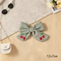 Green fabric bow hair clip with sweet cherry embroidery, elegant daily hair accessory - Cherry Ribbon Knot / Green