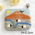 Handmade wool felt coin purse with cute cartoon landscape design, 14x11.5cm storage pouch. - Light Blue Mountain River Sheep