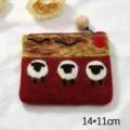 Wool Felt Coin Purse Cute Sheep Pattern Small Zipper Pouch Handcrafted Storage Bag Red - Wine Red Three Sheep and Birds