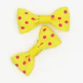 Small yellow grosgrain ribbon bow with pink polka dots, ideal for kids hair and pets. - Yellow