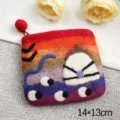 Handmade wool felt coin purse with colorful landscape yurt pattern and zip, 14x13cm - Sunset Glow Mongolian Yurt Flock