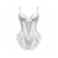 Body en satin et dentelle blanche pour femme, lingerie sexy avec détails floraux et volants. - S / Combinaisons / Blanc