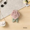 Close-up detail of fabric mesh rose flower accessory with green leaves, size 4x5cm. - Purple Mesh Rose Flower