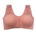 Front-closure wireless bra with delicate lace shoulder straps in pink. Comfortable and supportive. - S / Tops / Pink