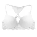 White front-closure racerback push-up bra featuring delicate lace trim details now. - 70B / White
