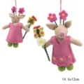 Handmade wool felt pig hanging ornament cute pink dress animal pendant for bag decor - Floral Pig Bee Plush