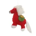Handmade wool felt red pony ornament plush hanging toy with white mane and tail decor. - Red