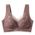 Comfortable wireless lace bra in mauve, featuring wide straps and breathable mesh design. - L / Tops / Camel