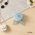 Blue mesh rose fabric flower accessory with leaves for hair decor and DIY apparel crafting. - Mesh Gauze Rose in Light Blue