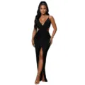 Ärmelloses V-Ausschnitt Schlitz Maxikleid, elegantes schwarzes Party Bodycon Kleid für Damen. - S / Kleider / Schwarz