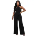 Schwarzes Halfter-Top und weite Hosen Set Detailansicht, stilvolle Damenbekleidung. - S / Oberteil und Hose / Schwarz