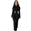 Black ribbed cutout long sleeve high waist flared jumpsuit for women, casual slim fit. - S / Wide Leg Style / Black
