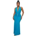 Türkis Halfter tief V-Ausschnitt plissiert Meerjungfrau Abendkleid für elegante Party - S / Kleider / Blau
