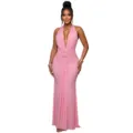 Rosa Neckholder tief V-Ausschnitt plissiertes Fishtail Abendkleid, elegante Party Maxikleid. - S / Kleider / Rosa
