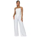 Elegantes damen einfarbiges plissiertes metall knopf top und weite hosen zweiteiler set in weiß - S / Oberteil und Hose / Weiß