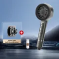 Pommeau de douche gris avec brosse de massage, filtre intégré et support mural inclus - Nouvelle Pomme de Douche à Quatre Boutons + Support Sans Perçage / Métal canon