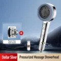 Pommeau de douche argent étoilé avec brosse en silicone, booster et support sans perçage. - Nouvelle Pomme de Douche à Quatre Boutons + Support Sans Perçage / Argent