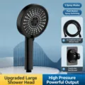 Black 5-setting high-pressure shower head set with flexible hose and drill-free bracket. - 12.5cm Large Panel Shower Head (Black) with 1.5m Hose and Bracket