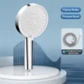 Handheld 5-setting pressurized shower head with bright silver finish and durable hose. - 12.5cm Large Panel Shower Head (Silver) with 1.5m Hose