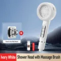 Druckdusche Duschkopf mit Massagebürste, Elfenbeinweiß, Hochdruck Badezimmer Duschwerkzeug - Vier-Tasten Neuer Duschkopf + Stanzfreie Halterung / Weiß