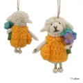 Handmade wool felt sheep hanging ornament with yellow dress and flowers, cute decor craft gift. - Lamb in Yellow Sweater with Messenger Bag Holding Flower