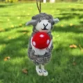 Handmade wool felt sheep hanging ornament, cute gray lamb holding red mushroom decor. - Mushroom Sheep Plush Toy - Grey