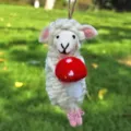 Handmade wool felt sheep hanging ornament, cute lamb holding a red mushroom for cute bag decor. - Mushroom Sheep Plush Toy - White