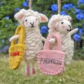 Handmade wool felt sheep pendant with colorful backpack, cute plush hanging ornament for decor. - Shopping Sheep [Pink Crossbody Bag]