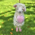 Handmade wool felt sheep hanging ornament, cute white lamb pendant with pink heart for decor. - Heart Sheep [Pink]