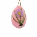 Handmade pink felt Easter egg hanging ornament with purple flower for holiday decor. - Flower - Pink