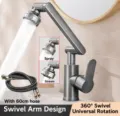 Universal rotating mechanical arm kitchen and bathroom basin faucet with dual water outlet modes - Gray + With Hot and Cold Pipes