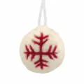 5cm wool felt ball Christmas tree ornament with red snowflake design and hanging string. - Snowflake / White