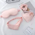 Pink satin sleep mask set with headband, scrunchie and storage bag for travel and home use. - Gold Pink