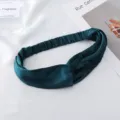 Dark green imitation silk cross headband, elastic hair band, simple solid color hoop. - Dark Green