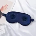 Navy blue silk sleep eye mask with 3D flower embroidery, soft breathable cover for travel home. - Navy Blue