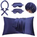 Dunkelblaue Satin 5-teilige Schlaf-Set mit Kissenbezug, Schlafmasken, Haube und Lockenstab. - Marineblau